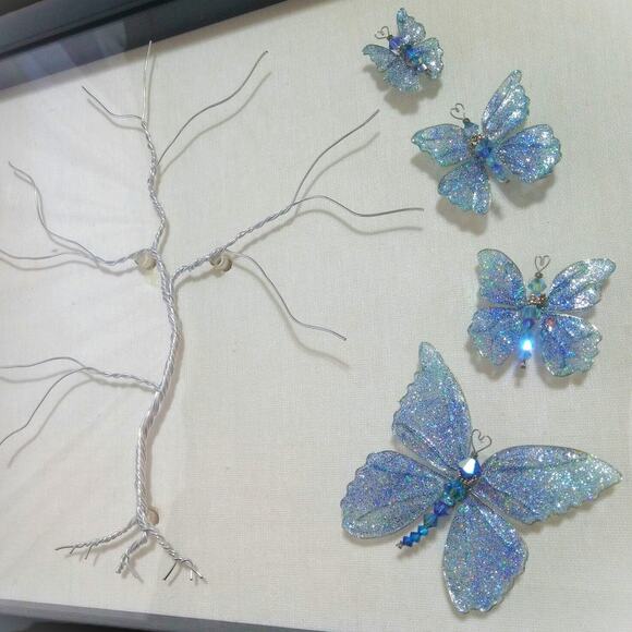 Whimsical Winged Butterflies Framed Art Hand Crafted Wire Tree 15x12 Blue Morpho - Picture 2 of 15